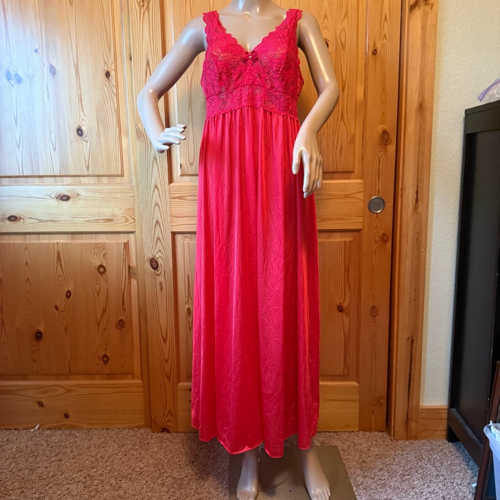Vintage Shadowline Red Full Slip Dress L Act M Nylon Lace Nightgown Lingerie USA